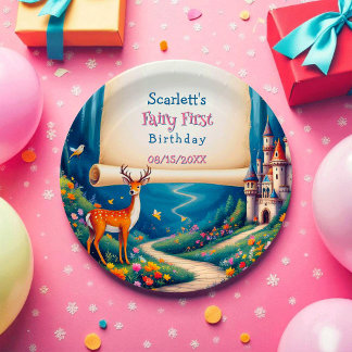 Whimsical Woodland Castle Fairy First 1st Birthday Paper Plate