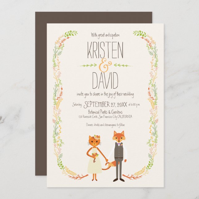 Whimsical Woodland Cat & Fox Couple Wedding Invitation (Front/Back)