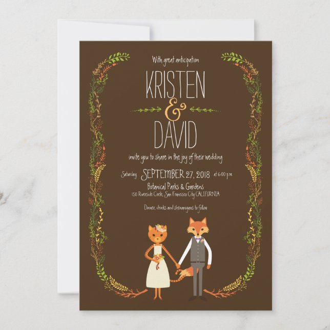 Whimsical Woodland Cat & Fox Couple Wedding Invitation (Front)