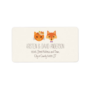 Whimsical Woodland Cat & Fox Couple Wedding Label