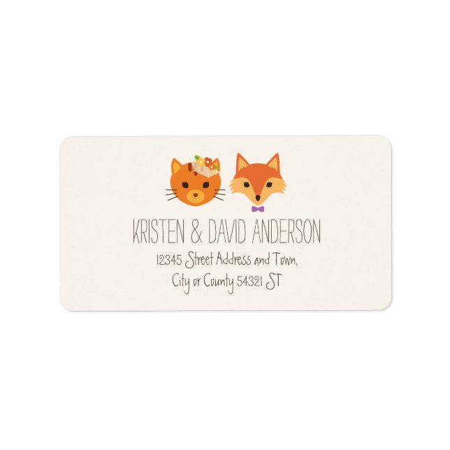Whimsical Woodland Cat & Fox Couple Wedding Label (Front)