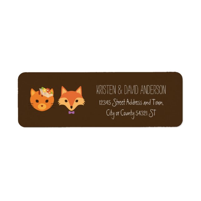 Whimsical Woodland Cat & Fox Couple Wedding Return Address Label (Front)
