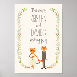 Whimsical Woodland Cat & Fox Couple Wedding Sign
