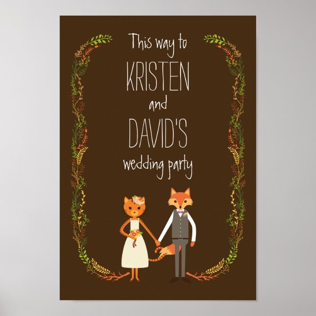 Whimsical Woodland Cat & Fox Couple Wedding Sign (Front)