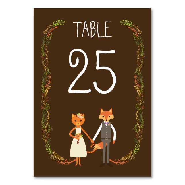 Whimsical Woodland Cat & Fox Wedding Information Table Number (Back)