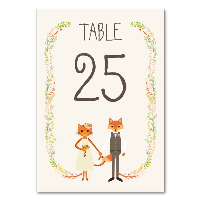 Whimsical Woodland Cat & Fox Wedding Information Table Number (Front)