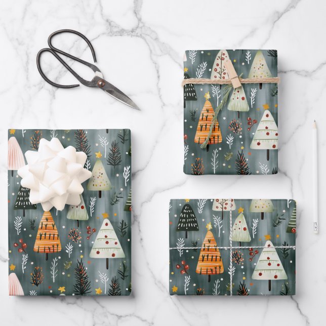 Whimsical Woodland Christmas Tree Forest Wrapping Paper Sheet (Front)