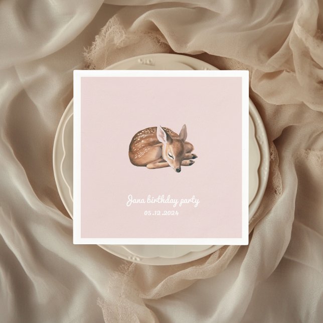Whimsical Woodland Deer Birthday Pink Napkin (Creator Uploaded)