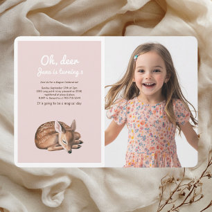 Whimsical Woodland Deer Birthday Pink Photo Invitation