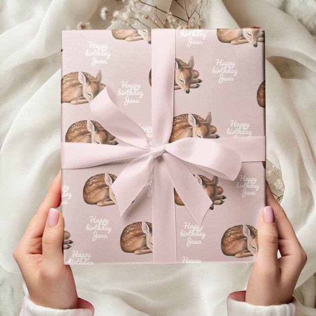 Whimsical Woodland Deer Birthday Pink  Wrapping Paper (Creator Uploaded)