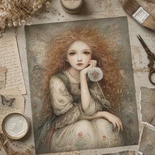 Whimsical Woodland Fairy Portrait with Dandelion  Tissue Paper