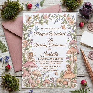 Whimsical Woodland Fairy Watercolor 5th Birthday Invitation