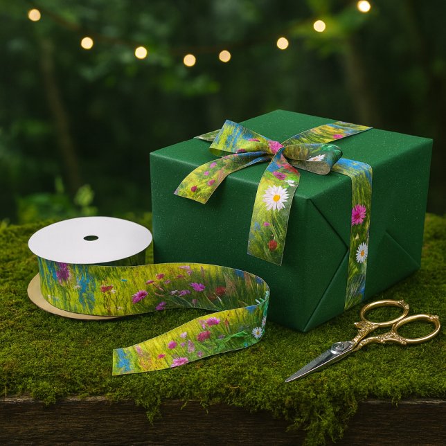Whimsical Woodland Fairy Wildflower  Satin Ribbon (Magical woodland fairy wedding gift, adorned with a delicate green floral ribbon and bow,)