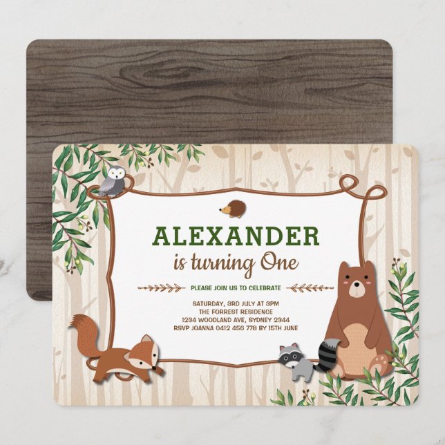 Whimsical Woodland Forest Animals 1st Birthday Invitation (Front/Back)