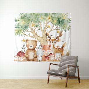 Whimsical Woodland Forest Animals Backdrop Tapestry
