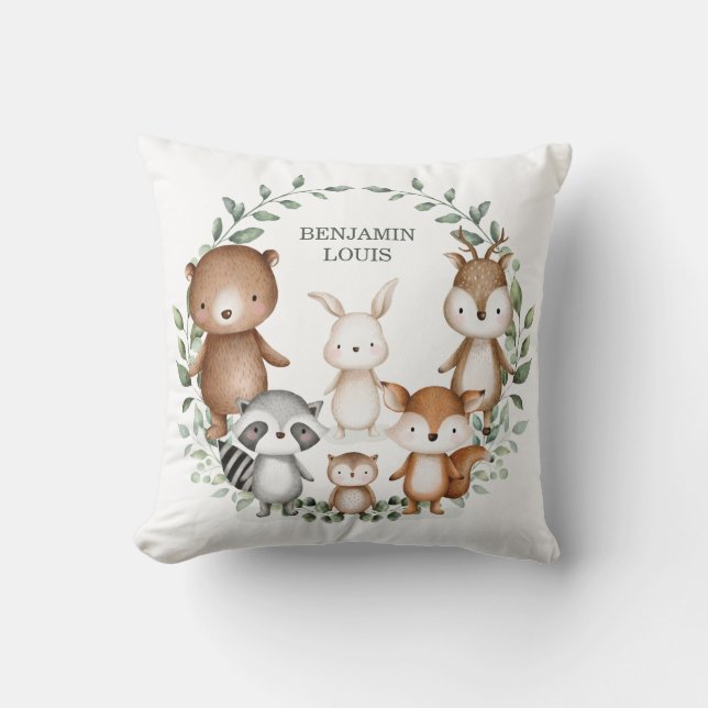 Whimsical Woodland Forest Animals Greenery Nursery Cushion (Front)