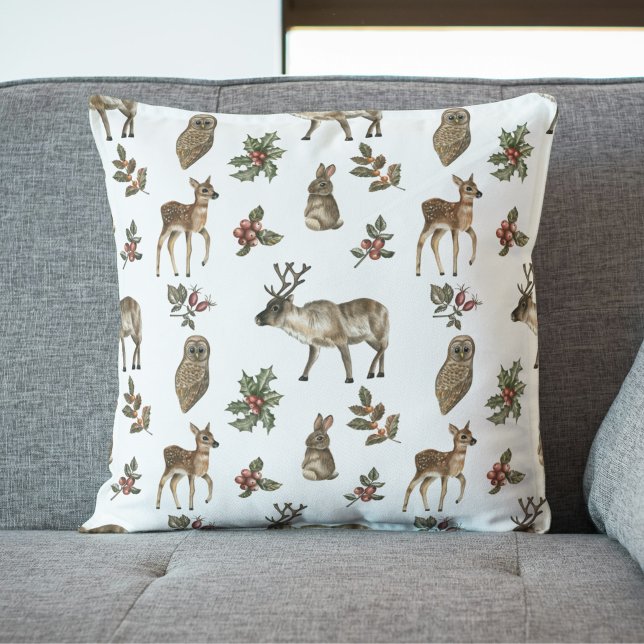 Whimsical Woodland Forest Animals Greenery Pattern Cushion (Whimsical Woodland Forest Animals Greenery Pattern Pillow)