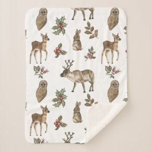 Whimsical Woodland Forest Animals Greenery Pattern Sherpa Blanket