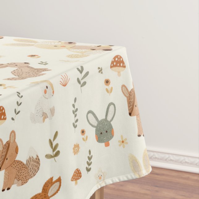 Whimsical Woodland Forest Animals Greenery Pattern Tablecloth (In Situ)