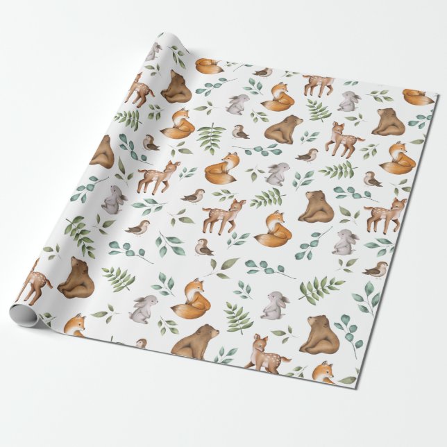 Whimsical Woodland Forest Animals Greenery Pattern Wrapping Paper (Unrolled)