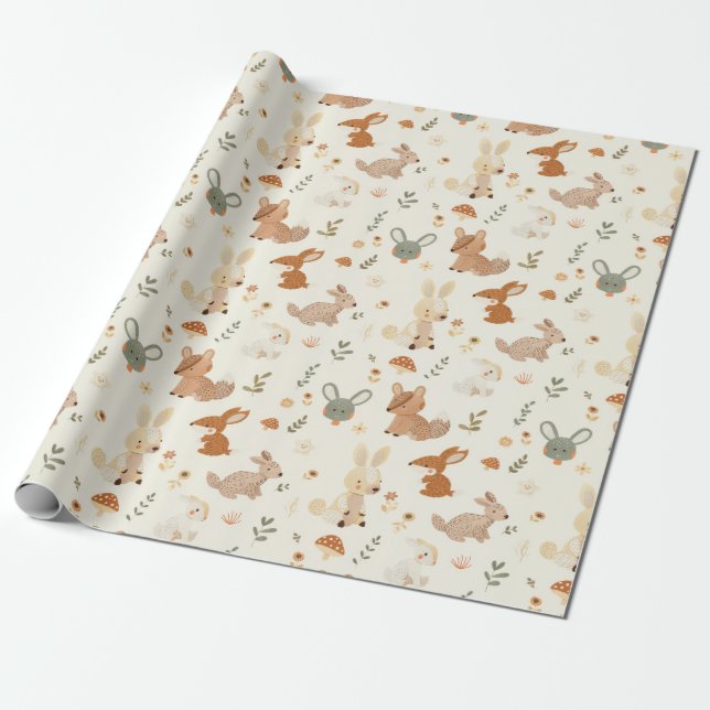 Whimsical Woodland Forest Animals Greenery Pattern Wrapping Paper (Unrolled)