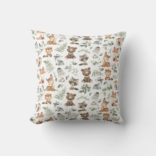 Whimsical Woodland Forest Animals Sage Greenery Cushion (Front)