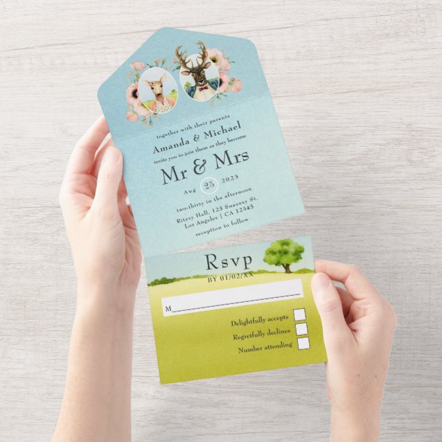 Whimsical Woodland Forest Deer Wedding All In One Invitation (Tearaway)