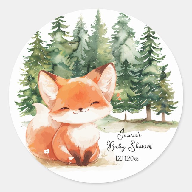 Whimsical Woodland Fox Baby Shower Classic Round Sticker (Front)