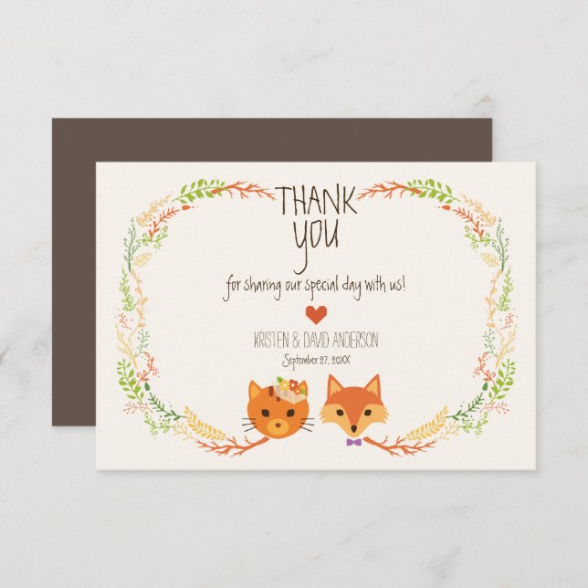 Whimsical Woodland Fox & Cat Wedding Thank You Card (Front/Back)