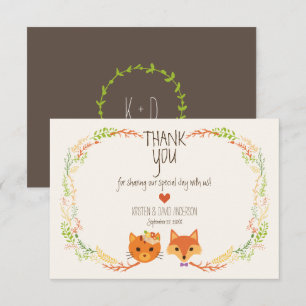 Whimsical Woodland Fox & Cat Wedding Thank You Card