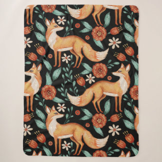 Whimsical Woodland Fox & Floral Pattern Sherpa Blanket