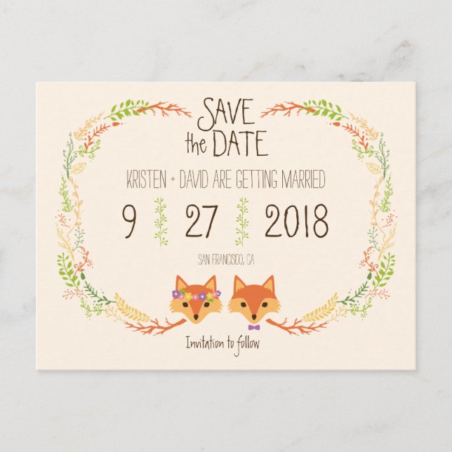 Whimsical Woodland Foxes (Ivory) Save the Date Announcement Postcard (Front)