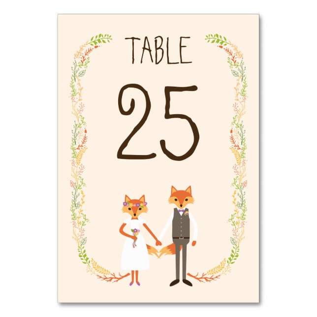 Whimsical Woodland Foxes Ivory Wedding Table Card (Front)