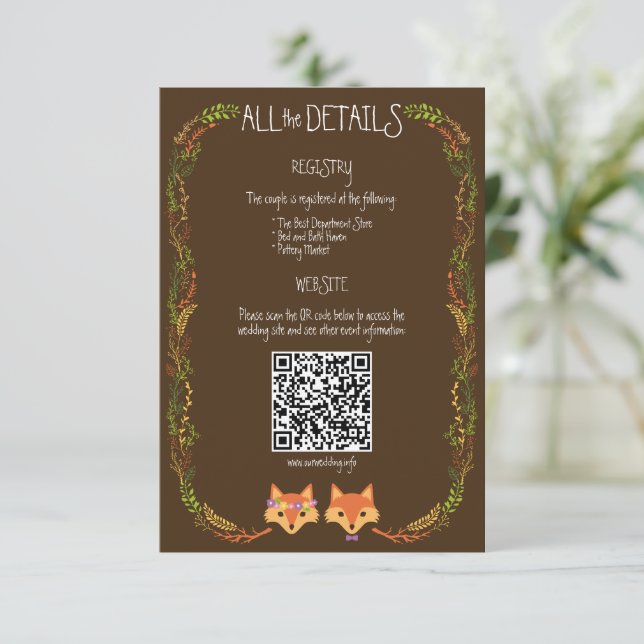 Whimsical Woodland Foxes Rustic Wedding Enclosure Card (Standing Front)