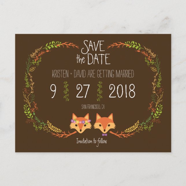 Whimsical Woodland Foxes wedding Save the Date Announcement Postcard (Front)
