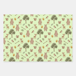 Whimsical Woodland Friends Watercolor Pattern Wrapping Paper Sheet