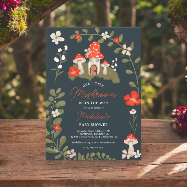 Whimsical woodland mushrooms floral baby shower invitation (Whimsical woodland mushrooms floral baby shower invitation on slate blue)