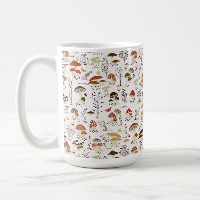 Whimsical Woodland Mushrooms Pattern Coffee Mug (Left)