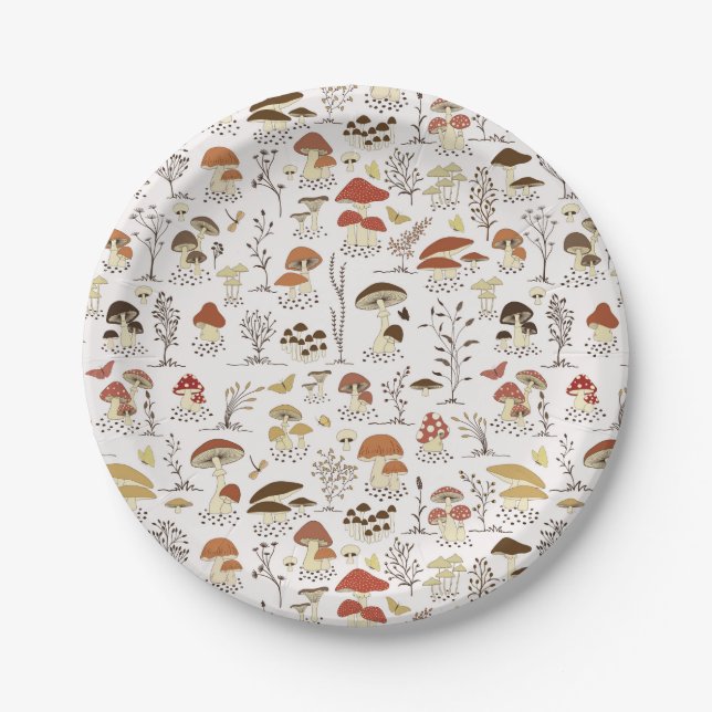 Whimsical Woodland Mushrooms Pattern Paper Plate (Front)