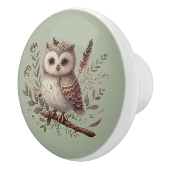 Whimsical Woodland Owl Botanical Illustration Ceramic Knob (Right)