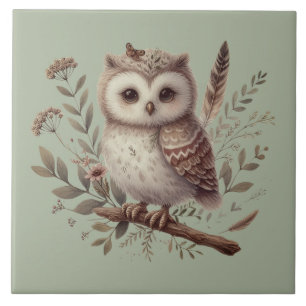 Whimsical Woodland Owl Botanical Illustration Ceramic Tile