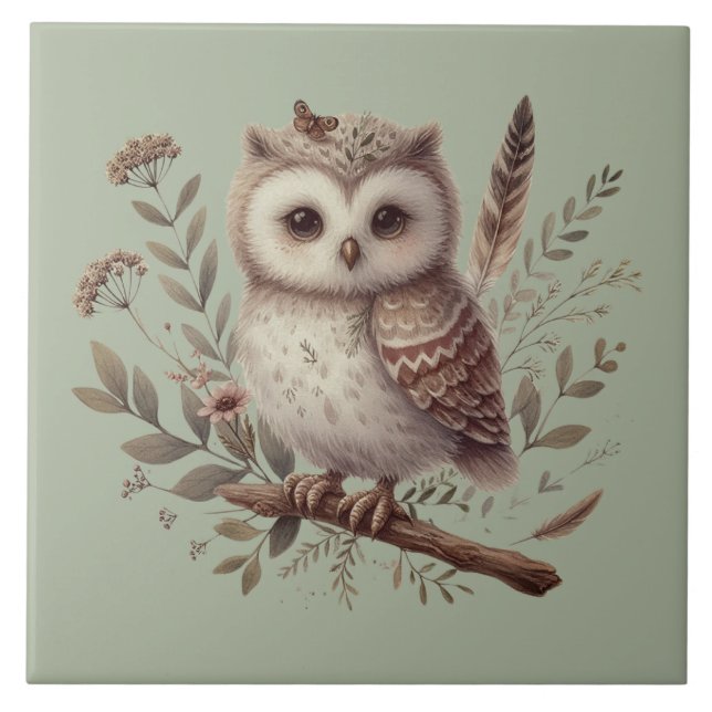 Whimsical Woodland Owl Botanical Illustration Ceramic Tile (Front)