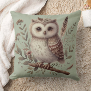 Whimsical Woodland Owl Botanical Illustration Cushion