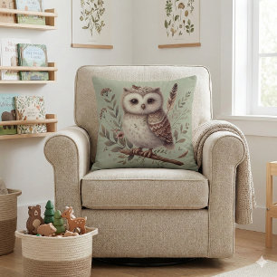 Whimsical Woodland Owl Botanical Illustration Cushion