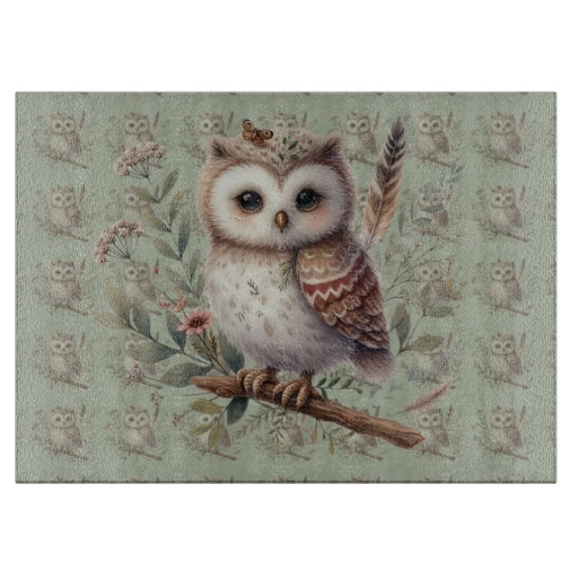 Whimsical Woodland Owl Botanical Illustration Cutting Board (Front)