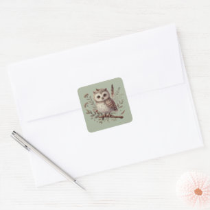 Whimsical Woodland Owl Botanical Illustration Square Sticker