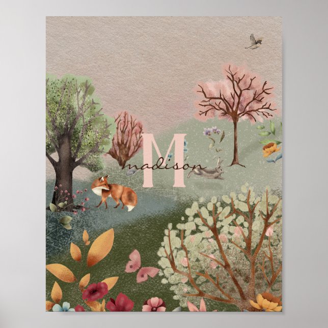 Whimsical Woodland Scene Coloured Pencil Nursery Poster (Front)