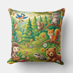 Whimsical Woodland Scene with Cute Animals Cushion