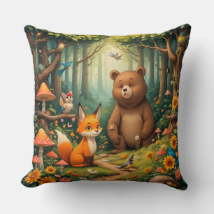 Whimsical Woodland Scene with Cute Animals Cushion