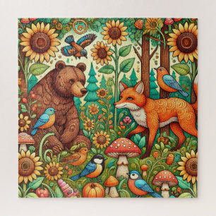Whimsical Woodland Scene with Cute Animals Jigsaw Puzzle